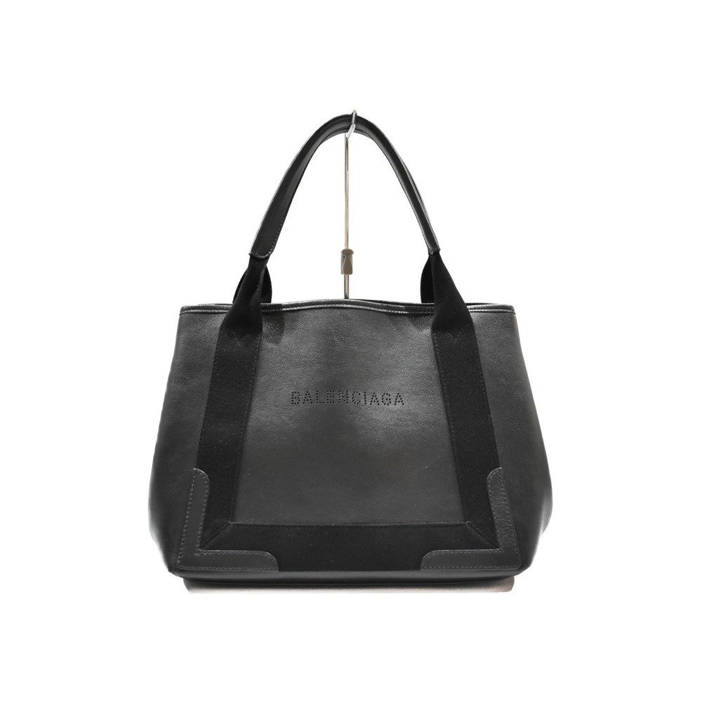 BALENCIAGA Navy Blue Cabas Black Leather Canvas Handbag Cool